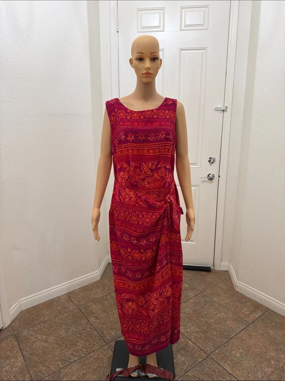 R&K Originals Sleeveless Red Paisley Tropical Print Faux Wrap Maxi Dress Sz 14